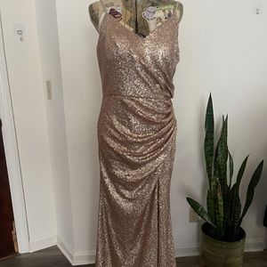 Rory Sequin Dress Matte Rose Gold Bridesmaids Revelry Slit Dress Size 14